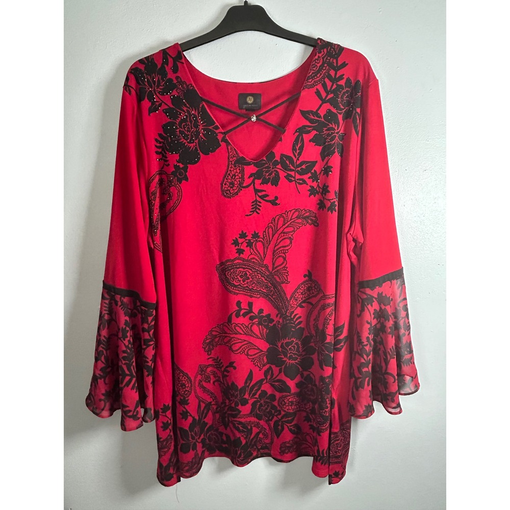 JM Collection Womens 3X Red Black Floral Paisley Bell Sleeve Rhinestone Tunic